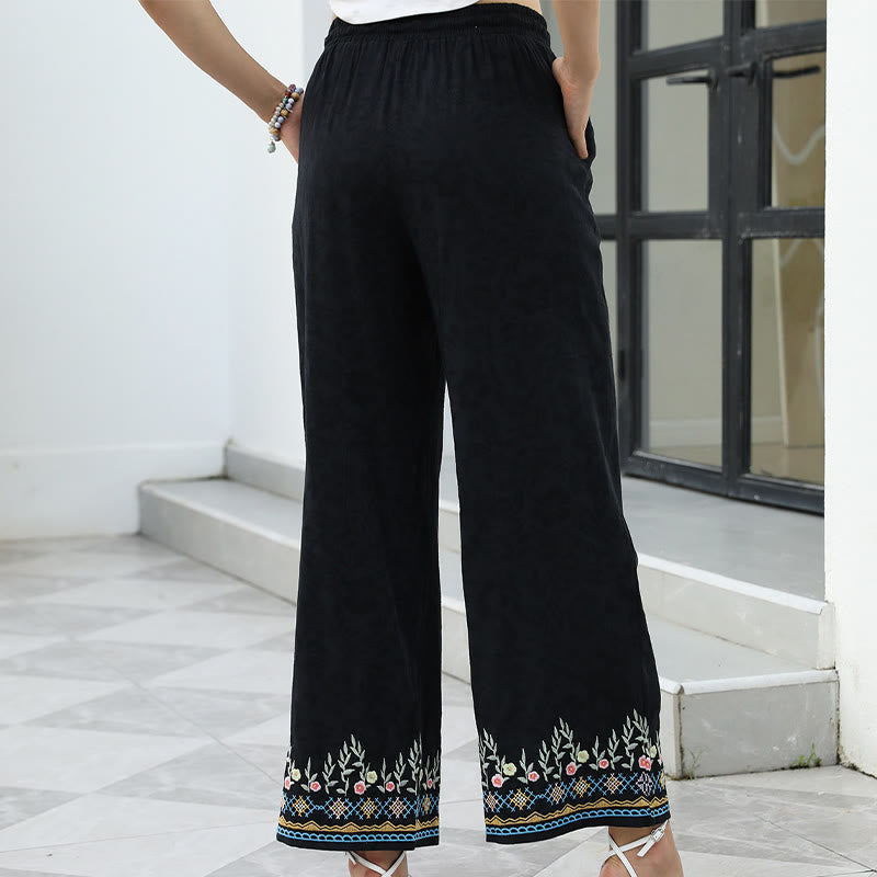 Cotton Linen Embroidered Straight-Leg Meditation Pants
