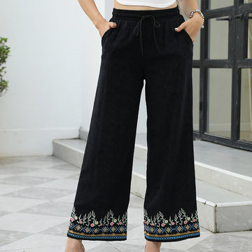 Cotton Linen Embroidered Straight-Leg Meditation Pants
