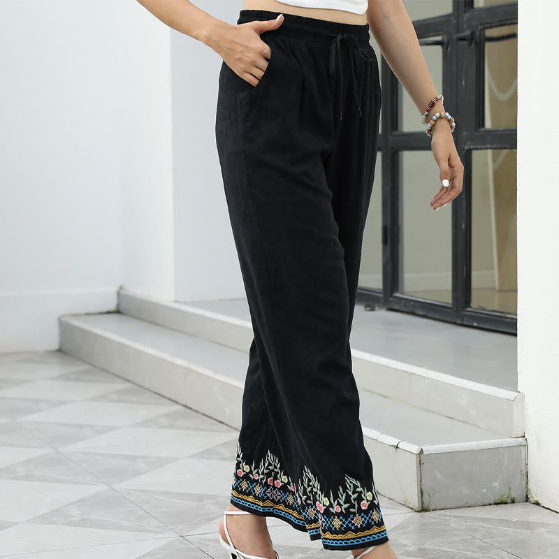 Cotton Linen Embroidered Straight-Leg Meditation Pants