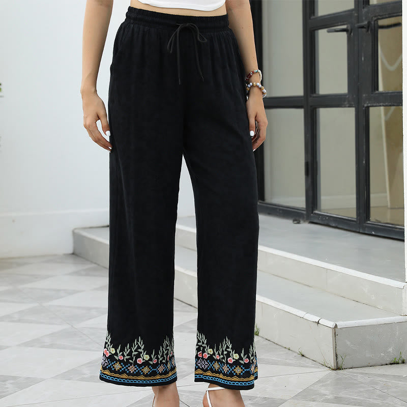 Cotton Linen Embroidered Straight-Leg Meditation Pants