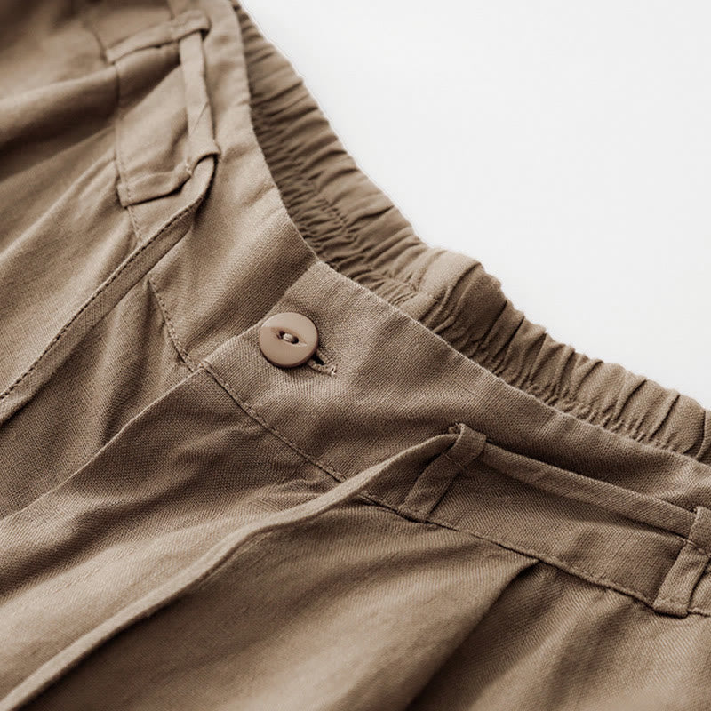 Summer Plain Color Ankle-Length Drawstring Cotton Linen Women's Wide Leg Pants With Pockets Zipper