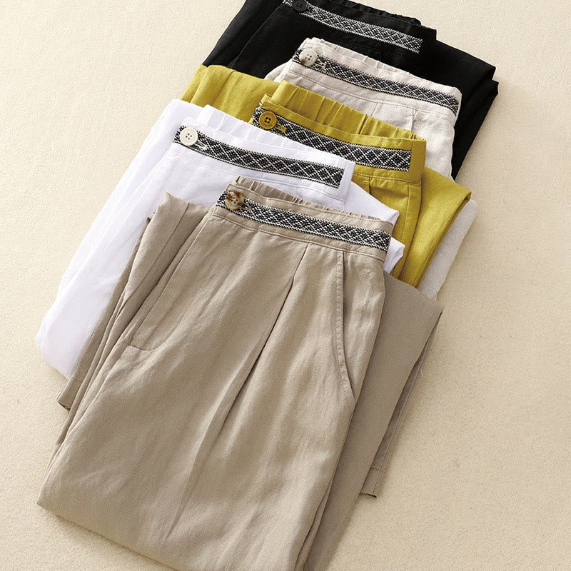 Summer Plain Color 7-8 Length Cotton Linen Women's Wide Leg Pants With Pockets Zipper