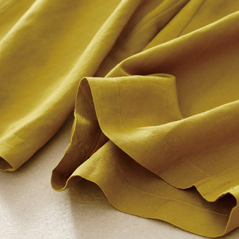 Summer Plain Color 7-8 Length Cotton Linen Women's Wide Leg Pants With Pockets Zipper