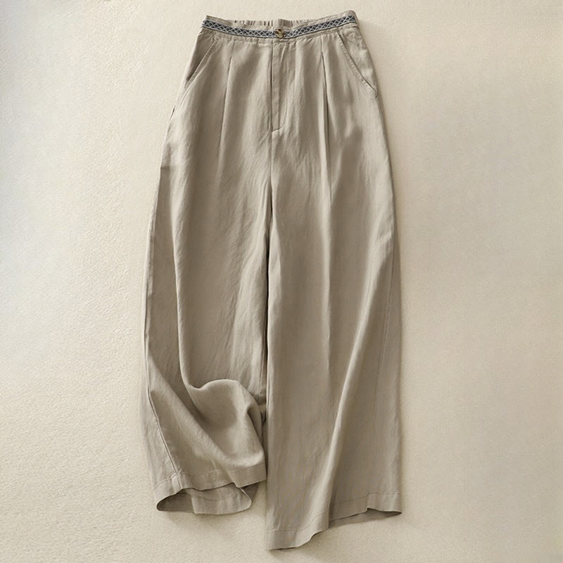 Summer Plain Color 7-8 Length Cotton Linen Women's Wide Leg Pants With Pockets Zipper