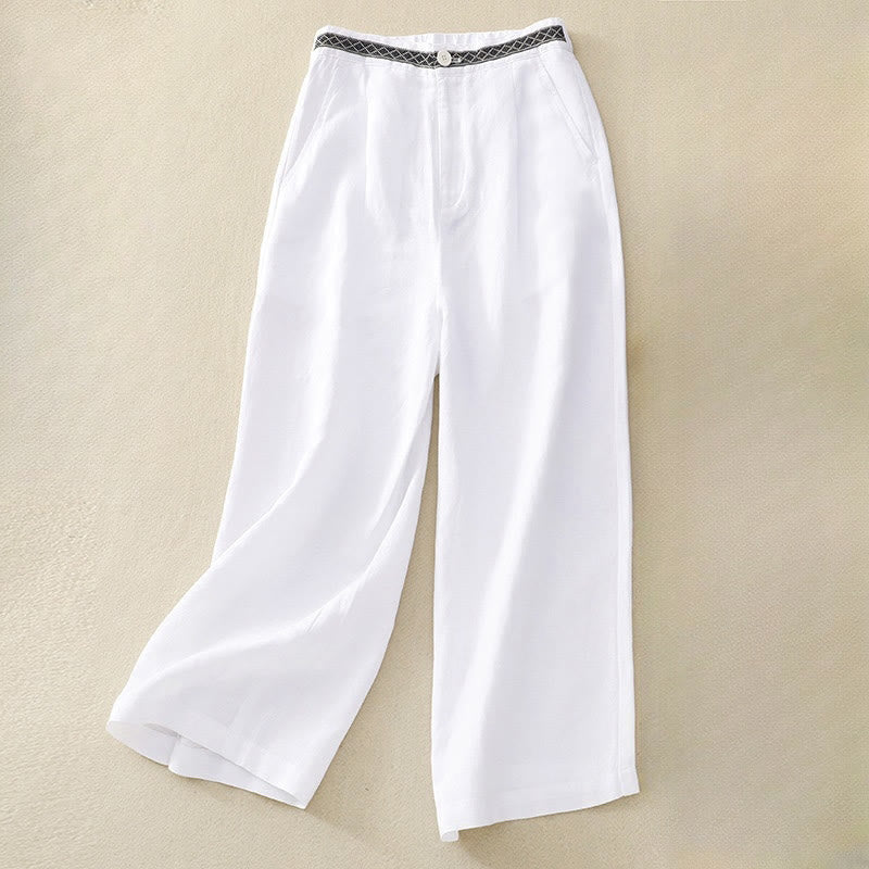 Summer Plain Color 7-8 Length Cotton Linen Women's Wide Leg Pants With Pockets Zipper