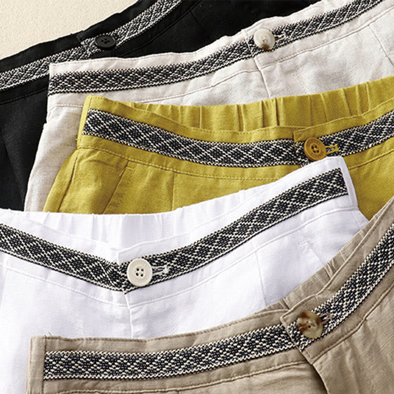 Summer Plain Color 7-8 Length Cotton Linen Women's Wide Leg Pants With Pockets Zipper