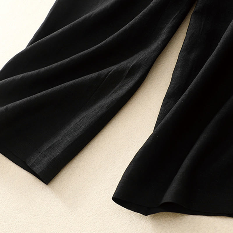 Summer Plain Color 7-8 Length Cotton Linen Women's Wide Leg Pants With Pockets Zipper