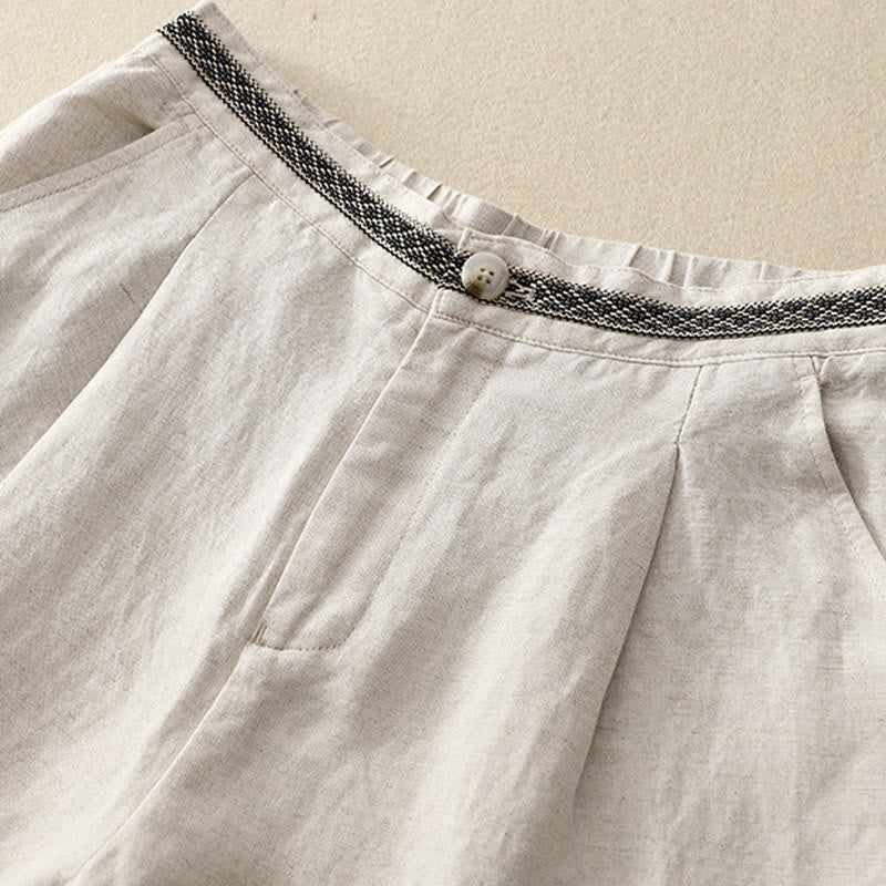 Summer Plain Color 7-8 Length Cotton Linen Women's Wide Leg Pants With Pockets Zipper