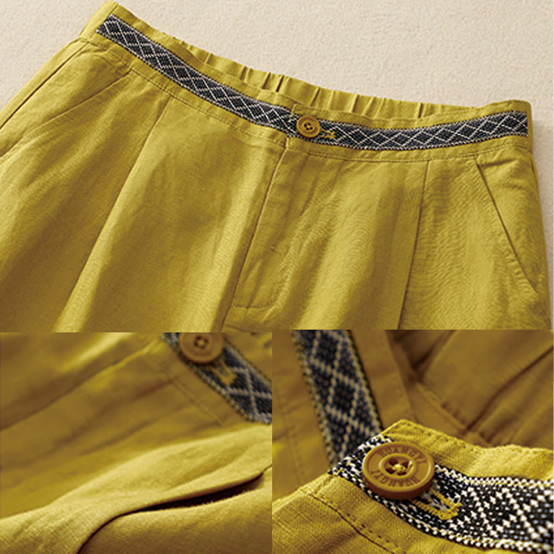 Summer Plain Color 7-8 Length Cotton Linen Women's Wide Leg Pants With Pockets Zipper