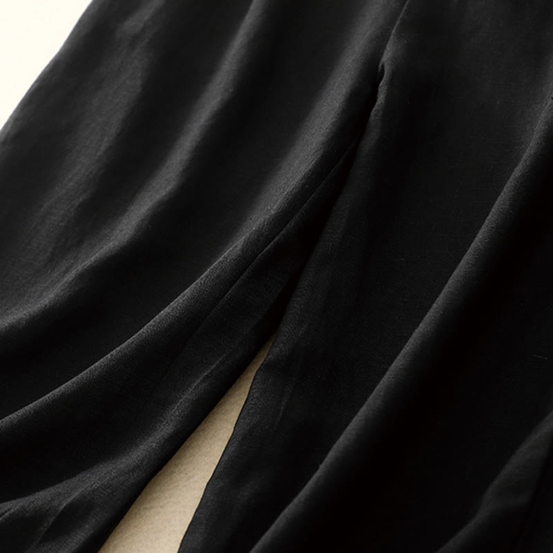 Summer Plain Color 7-8 Length Cotton Linen Women's Wide Leg Pants With Pockets Zipper