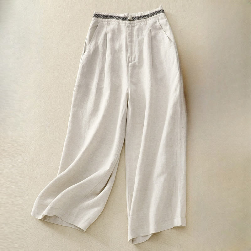 Summer Plain Color 7-8 Length Cotton Linen Women's Wide Leg Pants With Pockets Zipper