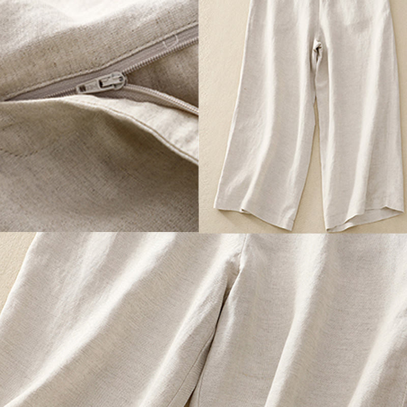 Summer Plain Color 7-8 Length Cotton Linen Women's Wide Leg Pants With Pockets Zipper