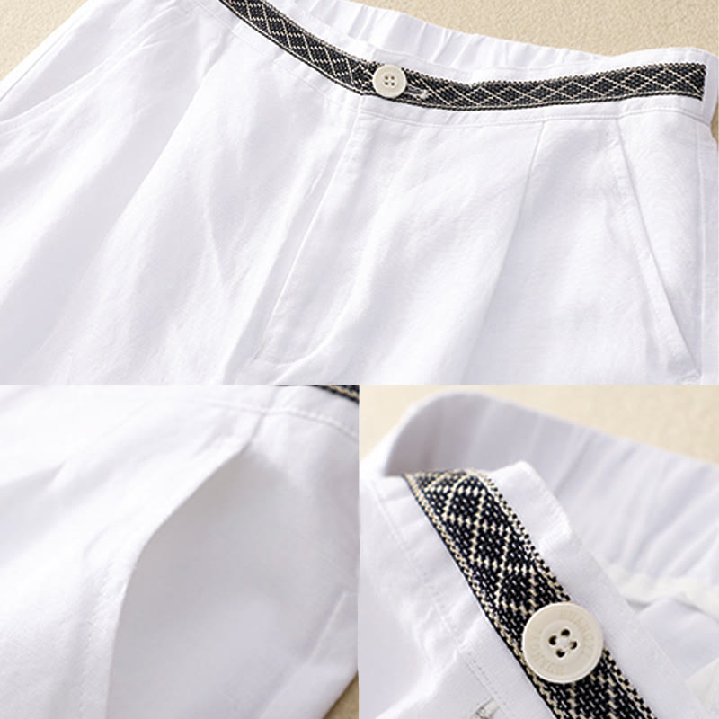 Summer Plain Color 7-8 Length Cotton Linen Women's Wide Leg Pants With Pockets Zipper