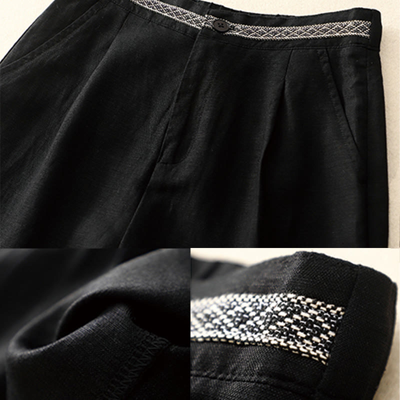 Summer Plain Color 7-8 Length Cotton Linen Women's Wide Leg Pants With Pockets Zipper