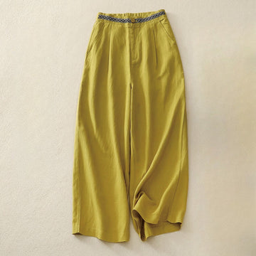 Summer Plain Color 7-8 Length Cotton Linen Women's Wide Leg Pants With Pockets Zipper