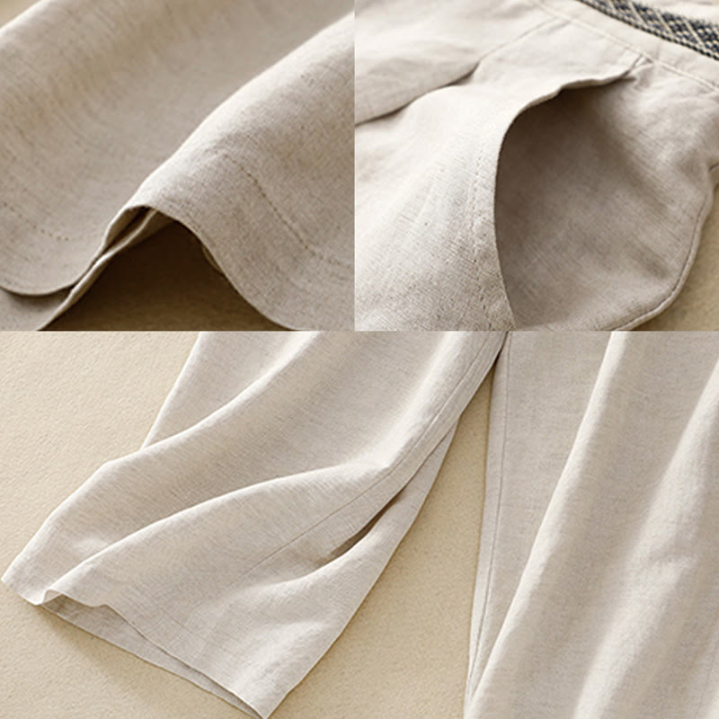 Summer Plain Color 7-8 Length Cotton Linen Women's Wide Leg Pants With Pockets Zipper