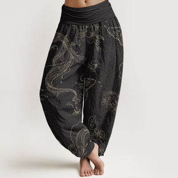 Cotton Koi Fish Floral Pattern Women's Elastic Waist Harem Pants