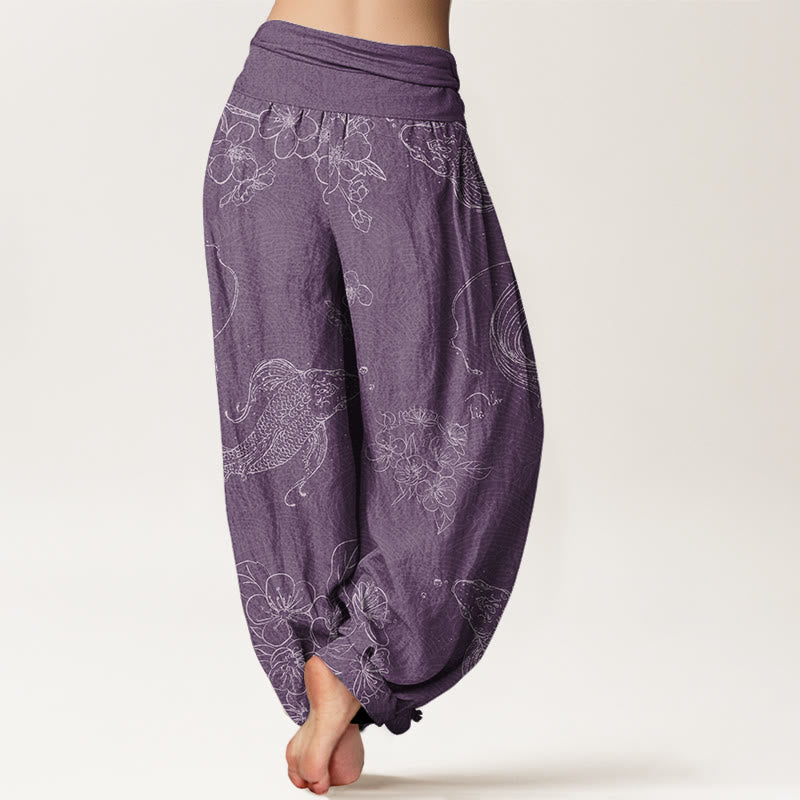 Cotton Koi Fish Floral Pattern Women's Elastic Waist Harem Pants