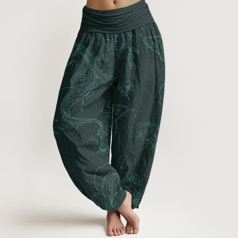 Cotton Koi Fish Floral Pattern Women's Elastic Waist Harem Pants