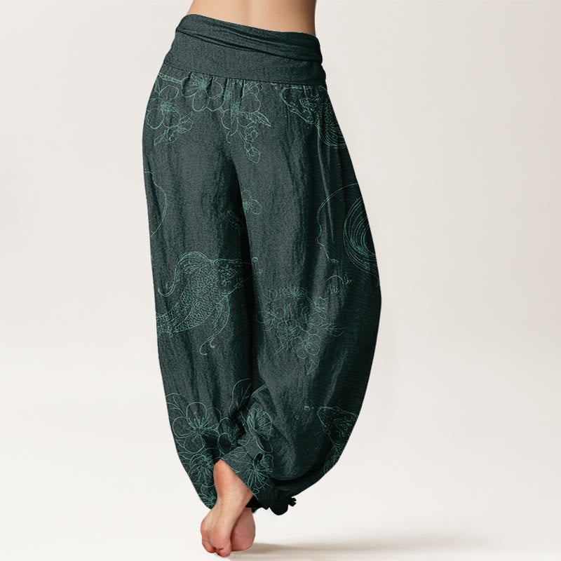 Cotton Koi Fish Floral Pattern Women's Elastic Waist Harem Pants