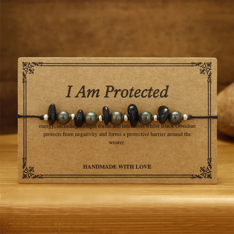 I Am Protected Iron Pyrite Black Obsidian Fulfillment Bracelet