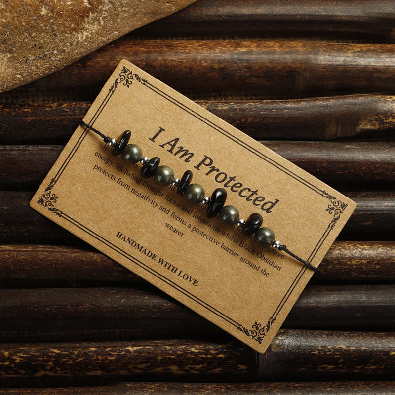 I Am Protected Iron Pyrite Black Obsidian Fulfillment Bracelet