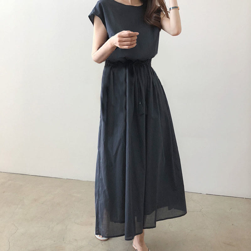 Casual Eastic Waist Drawstring Design Short Sleeve Cotton Linen Midi Dress