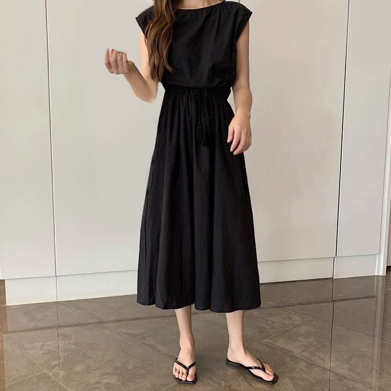 Casual Eastic Waist Drawstring Design Short Sleeve Cotton Linen Midi Dress