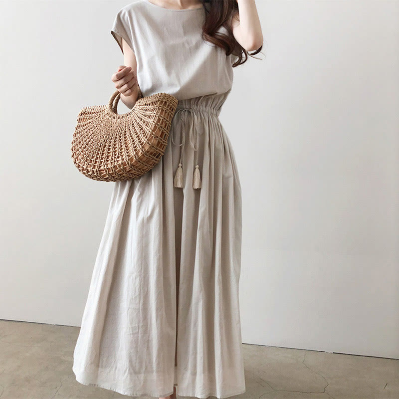 Casual Eastic Waist Drawstring Design Short Sleeve Cotton Linen Midi Dress