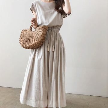 Casual Eastic Waist Drawstring Design Short Sleeve Cotton Linen Midi Dress