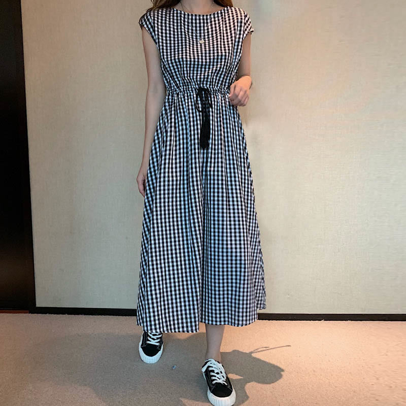 Casual Eastic Waist Drawstring Design Short Sleeve Cotton Linen Midi Dress