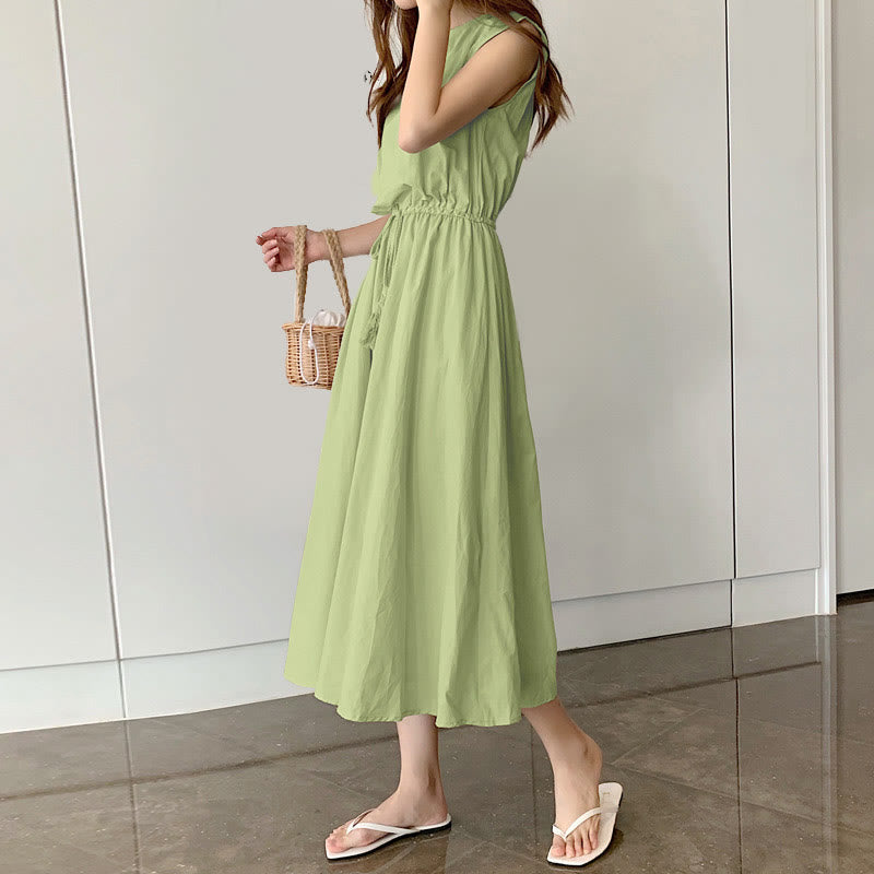 Casual Eastic Waist Drawstring Design Short Sleeve Cotton Linen Midi Dress