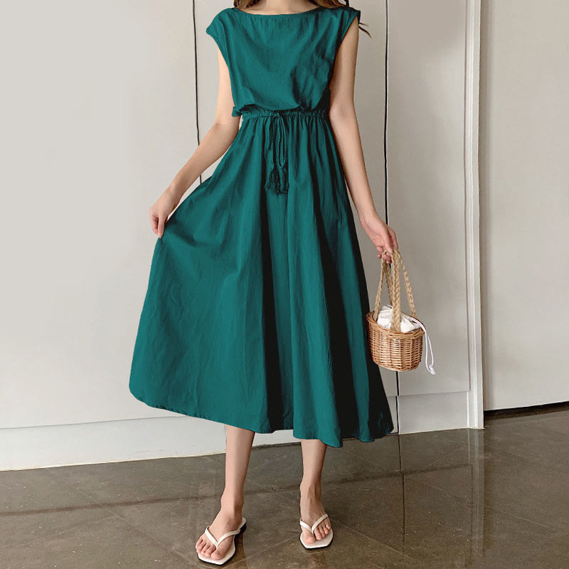 Casual Eastic Waist Drawstring Design Short Sleeve Cotton Linen Midi Dress