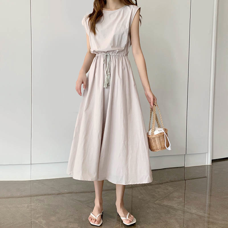 Casual Eastic Waist Drawstring Design Short Sleeve Cotton Linen Midi Dress