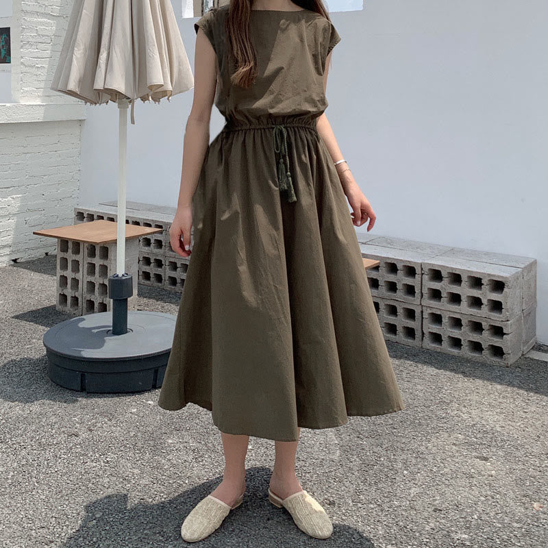 Casual Eastic Waist Drawstring Design Short Sleeve Cotton Linen Midi Dress