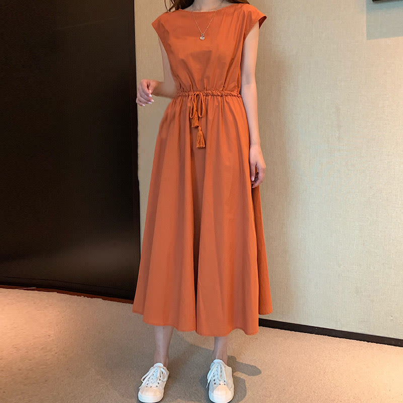 Casual Eastic Waist Drawstring Design Short Sleeve Cotton Linen Midi Dress