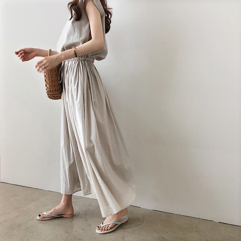 Casual Eastic Waist Drawstring Design Short Sleeve Cotton Linen Midi Dress