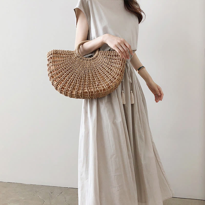 Casual Eastic Waist Drawstring Design Short Sleeve Cotton Linen Midi Dress