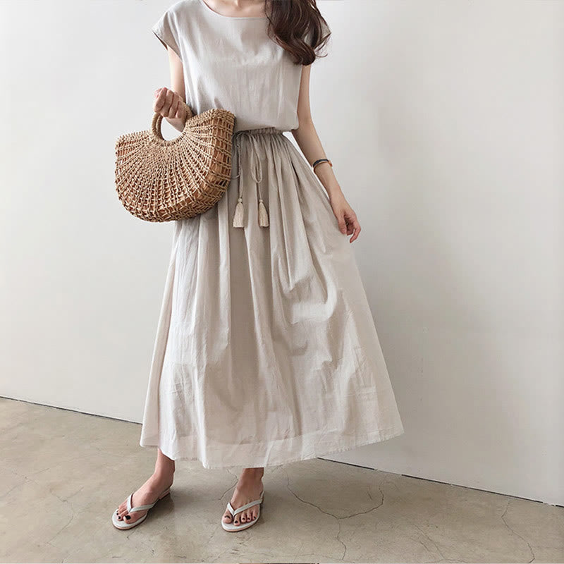 Casual Eastic Waist Drawstring Design Short Sleeve Cotton Linen Midi Dress