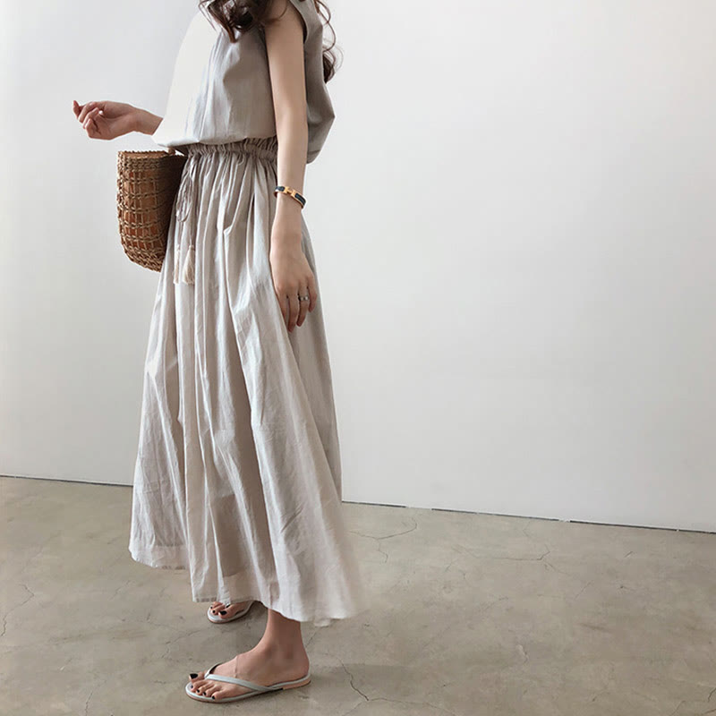 Casual Eastic Waist Drawstring Design Short Sleeve Cotton Linen Midi Dress