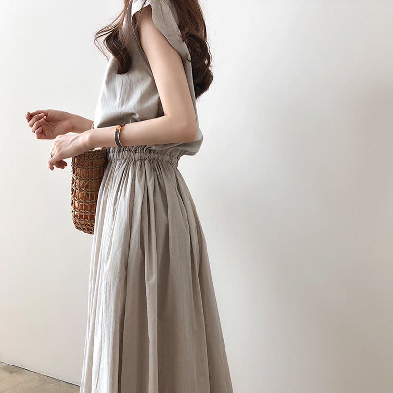 Casual Eastic Waist Drawstring Design Short Sleeve Cotton Linen Midi Dress