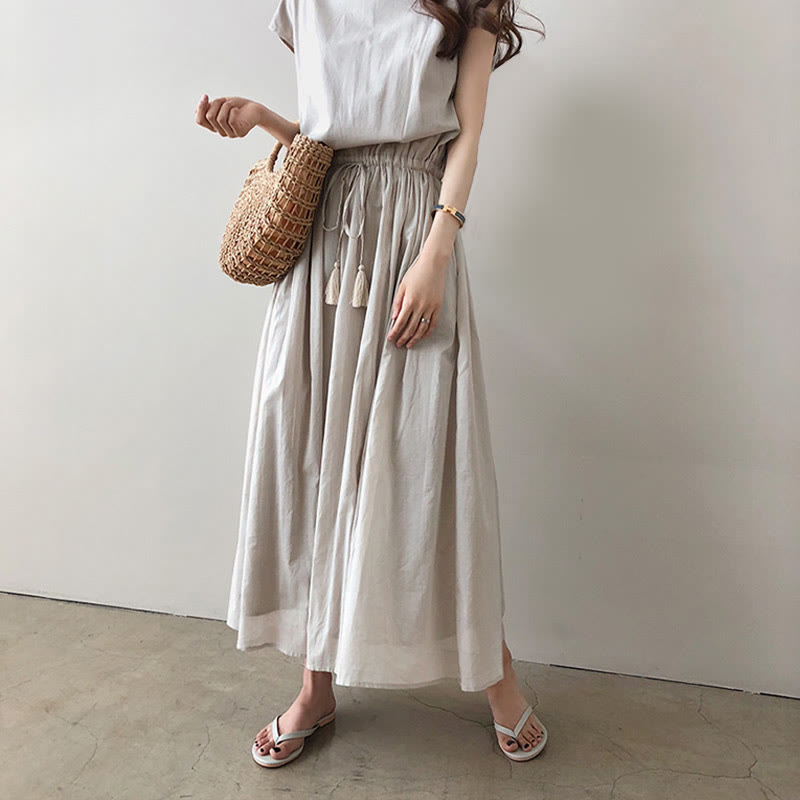 Casual Eastic Waist Drawstring Design Short Sleeve Cotton Linen Midi Dress