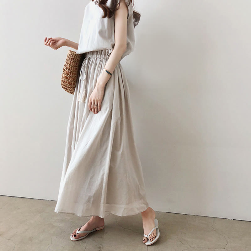 Casual Eastic Waist Drawstring Design Short Sleeve Cotton Linen Midi Dress
