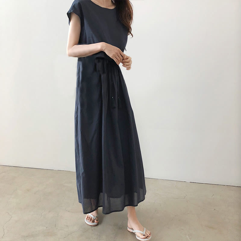 Casual Eastic Waist Drawstring Design Short Sleeve Cotton Linen Midi Dress