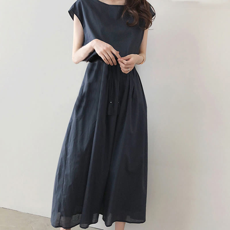 Casual Eastic Waist Drawstring Design Short Sleeve Cotton Linen Midi Dress
