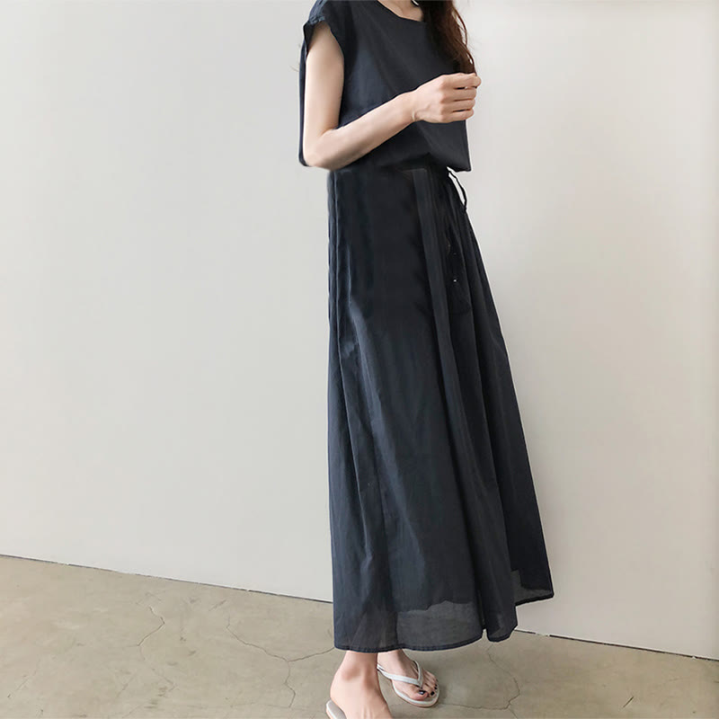 Casual Eastic Waist Drawstring Design Short Sleeve Cotton Linen Midi Dress