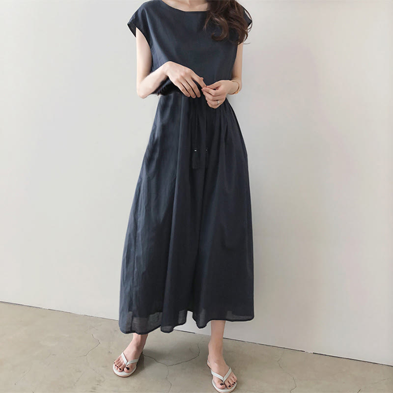 Casual Eastic Waist Drawstring Design Short Sleeve Cotton Linen Midi Dress