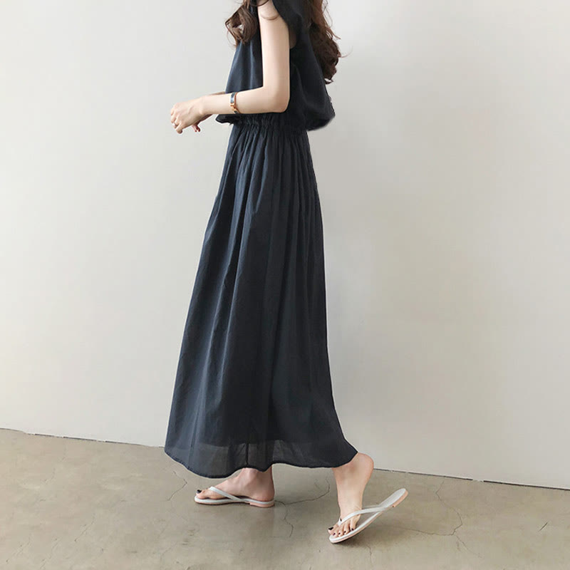 Casual Eastic Waist Drawstring Design Short Sleeve Cotton Linen Midi Dress