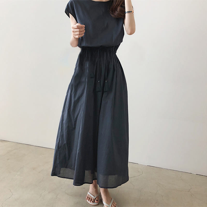 Casual Eastic Waist Drawstring Design Short Sleeve Cotton Linen Midi Dress
