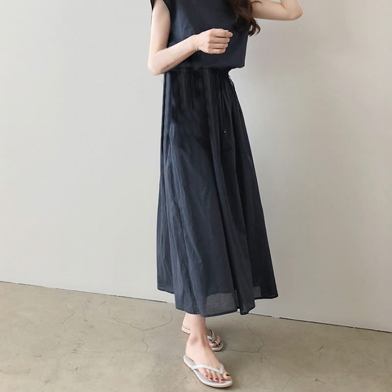 Casual Eastic Waist Drawstring Design Short Sleeve Cotton Linen Midi Dress